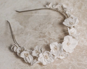 WALCOT // Bridal Headpiece // Hand sculpted clay flower headpiece, floral wedding headband, romantic flower crown, pearl statement tiara