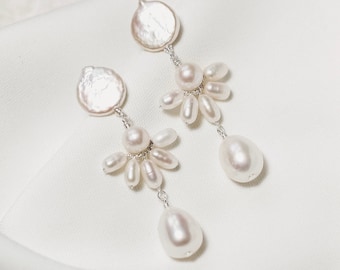 SOLSBURY // Bridal Earrings // Handmade pearl drop earrings, boho wedding jewelry, coin pearl stud earrings