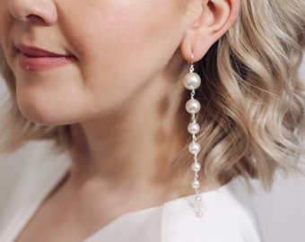 BELLE // Bridal Earrings // long pearl dangle earrings, modern pearl drop earrings, simple pearl earrings for bride, wedding earrings