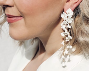 BEAUFORD // Cascading Clay Flower & Freshwater Pearl Bridal Earrings – Handmade Statement Jewelry for Unique Style