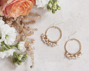 Boho bridal earrings, gold hoop earrings, pearl earrings, boho earrings, boho bridal jewelry, wedding earrings, gold boho bridal accessories