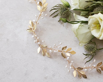 Bridal leaf hair vine, gold leaf headband, gold leaf tiara, pearl hair vine, gold wedding headband, gold hair vine, boho bridal hair piece