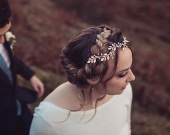 Bridal hair accessories rose gold, rose gold hair vine, pearl hair vine, bridal headband, bridal headpiece, gold hairvine, leaf crown,leave