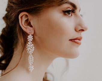 Handmade Elegant Long Bridal Earrings: Freshwater Pearls | Wedding Jewelry