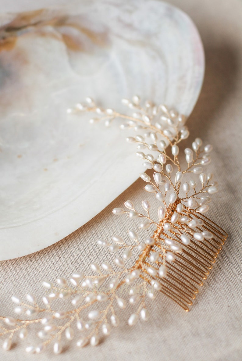 Bridal headpiece, bridal hair comb, bridal hair vine, bridal hair accessories, simple pearl comb, pearl hair piece, hair up, updo, bride image 4