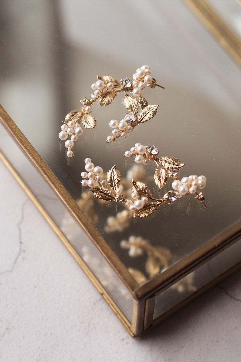 Gold leaf earrings, luxe bridal earrings, real pearl earrings, ornate earrings image 4