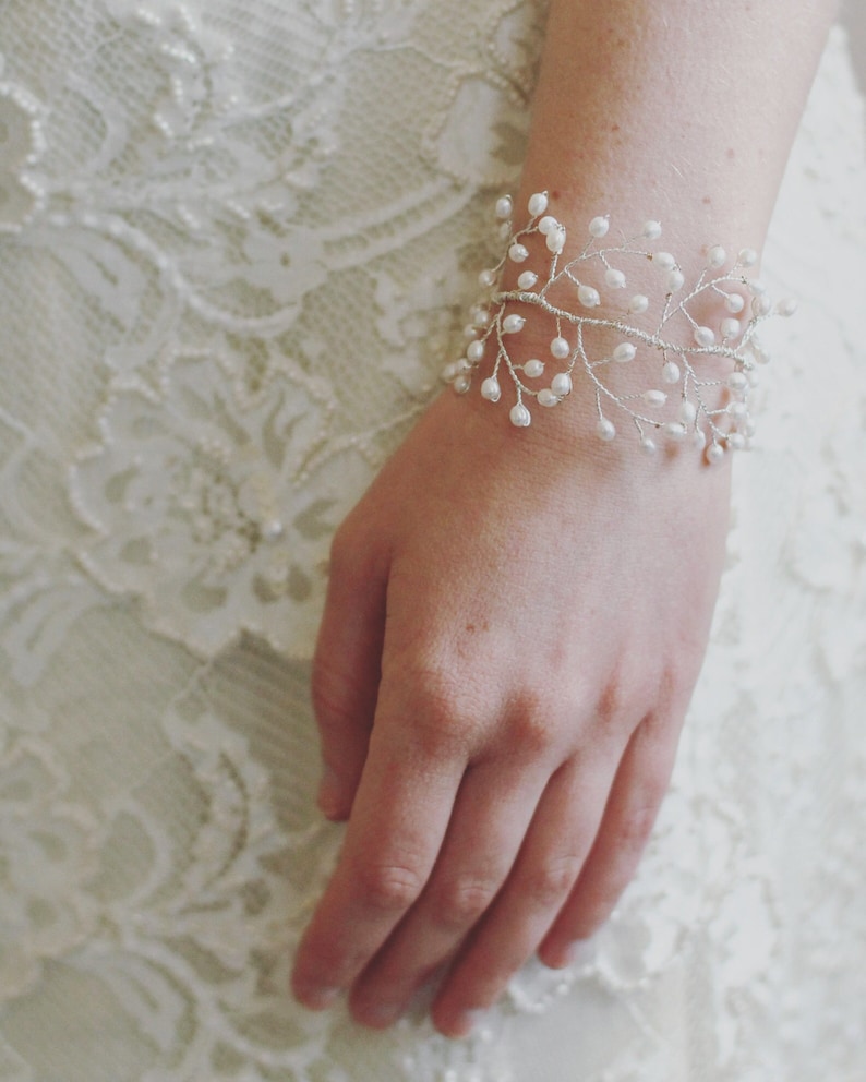 Bridal accessories, pearl bridal cuff, bridal bracelet, pearl jewellery for bride, pearl vine, wide bracelet, silver, gold, rose gold image 4