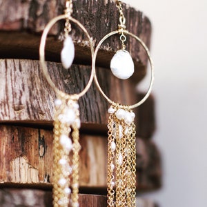 Bridal earrings, long boho gold hoop earrings, pearl bridal accessories, hanging chain earrings, dangly boho earrings, big gold hoop, bride image 5
