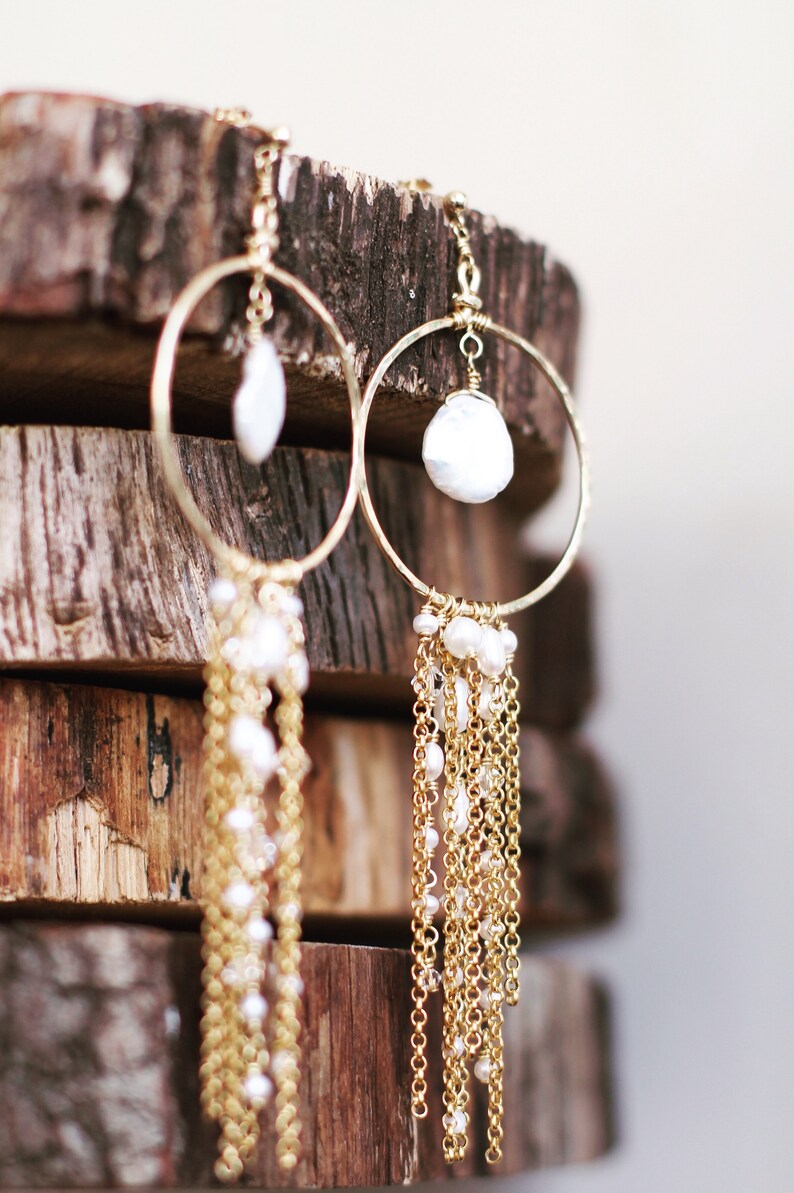 Bridal earrings, long boho gold hoop earrings, pearl bridal accessories, hanging chain earrings, dangly boho earrings, big gold hoop, bride image 5