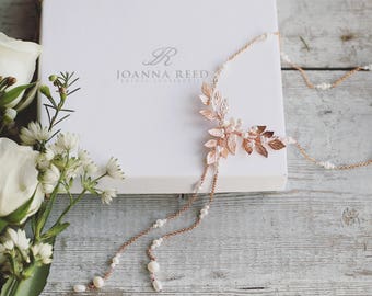 Rose gold backdrop necklace, freshwater pearl rose gold necklace, pearl bridal jewelry, bridal jewellery, leaves, leaf vine, back drop