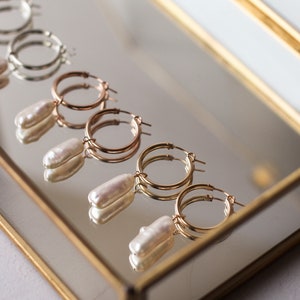 Hoop earrings, bridal earrings, bridesmaid earrings, modern bride, simple hoop earrings, pearl drop earrings, large pearl, unique real pearl image 8