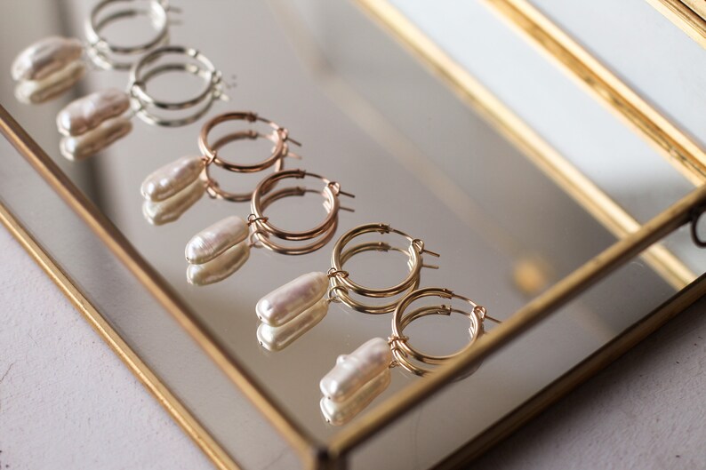 Hoop earrings, bridal earrings, bridesmaid earrings, modern bride, simple hoop earrings, pearl drop earrings, large pearl, unique real pearl image 8