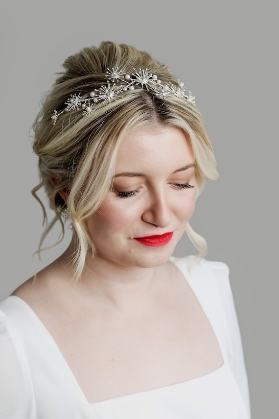 Copricapo Sposa Con Fiore E Perle - Accessorio Capelli Matrimonio, Argento E Cristalli, Handmade - Foto 5