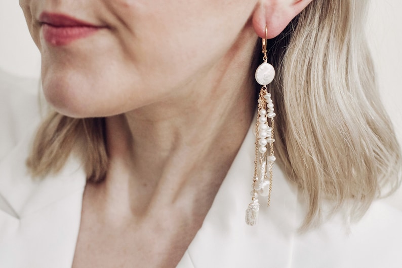 CLARENDON // Boho Luxury Bridal Earrings: Long Dangly Gold Chain & Mixed Freshwater Pearls, Stylish Wedding Jewelry image 6