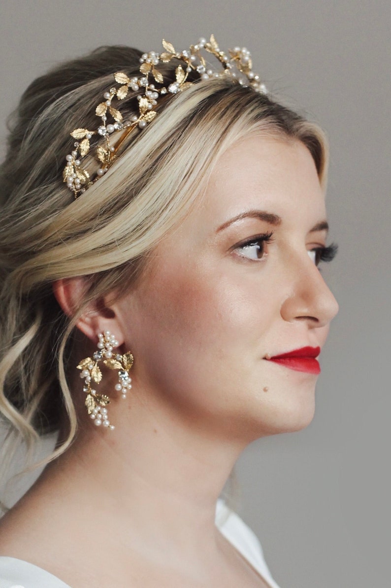 Gold leaf earrings, luxe bridal earrings, real pearl earrings, ornate earrings image 1