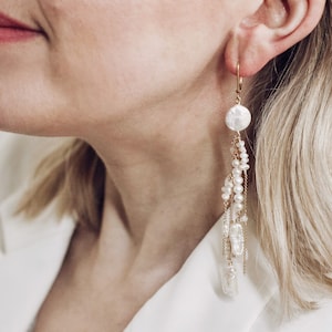 CLARENDON // Boho Luxury Bridal Earrings: Long Dangly Gold Chain & Mixed Freshwater Pearls, Stylish Wedding Jewelry image 7