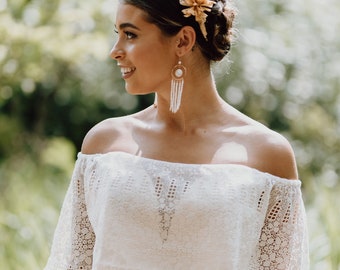 Orecchini Lunghi A Goccia Con Nappe Di Perle Boho Chic Oro - Donna E Ragazza