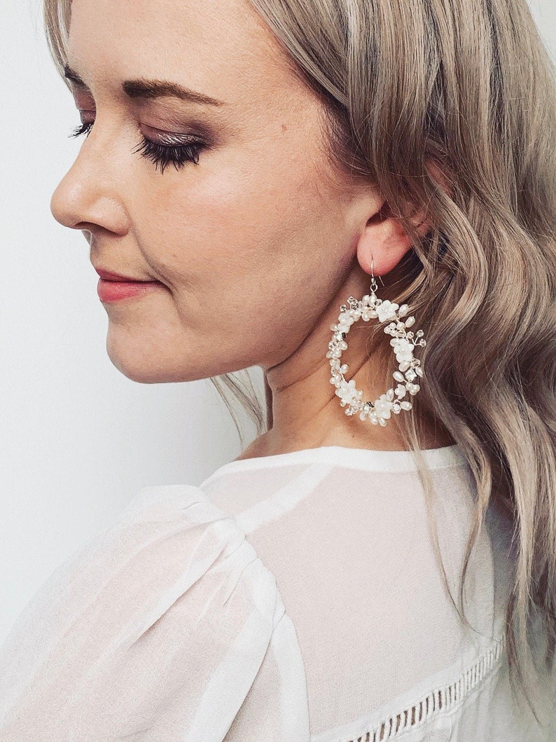Floral wreath bridal earrings, statement bridal earrings, boho wedding earrings, modern boho accessories, pearl vine earrings, large hoop image 2