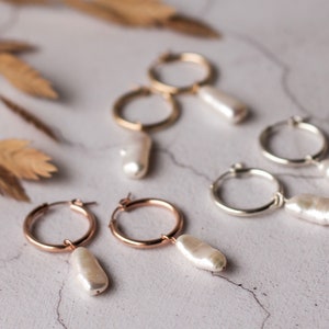 Hoop earrings, bridal earrings, bridesmaid earrings, modern bride, simple hoop earrings, pearl drop earrings, large pearl, unique real pearl image 3