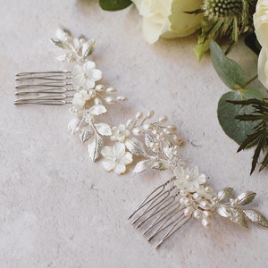 Silver Leaf Bridal Hair Comb: Pearl Flower Hairpiece