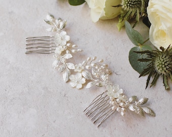 Bridal leaf hair vine, silver leaves hair piece, bridal hair comb, floral hair comb, pearl hair comb, simple bridal hair comb, headpiece