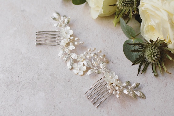 Silver Leaf Bridal Hair Comb: Pearl Flower Hairpiece - Etsy