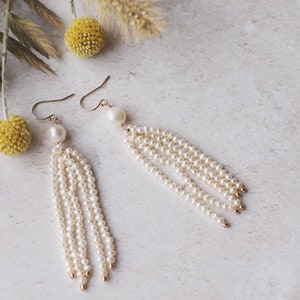 Pearl Tassel Bridal Earrings, Boho Tassel Earrings, Seed Pearl Earrings ...