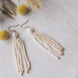 Pearl tassel bridal earrings, boho tassel earrings, seed pearl earrings, boho wedding earrings, gold tassel earrings, boho bridal earrings image 8