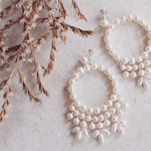 Boho bridal earrings, boho pearl wedding earrings, statement earrings, big pearl earrings, chandelier earrings, unique pearl hoop earrings image 4
