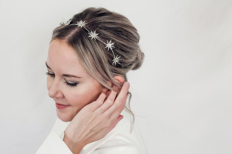 SKYLINE // Bridal Hair Vine // Celestial headpiece, starburst hair piece, silver stars, gold stars, sparkly star headband image 3