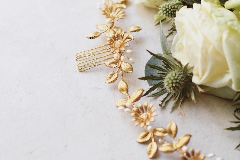 gold leaves bridal flower crown pearl hair vine Gold bridal leaf hair vine boho bridal headpiece gold leaf hair piece gold bridal halo