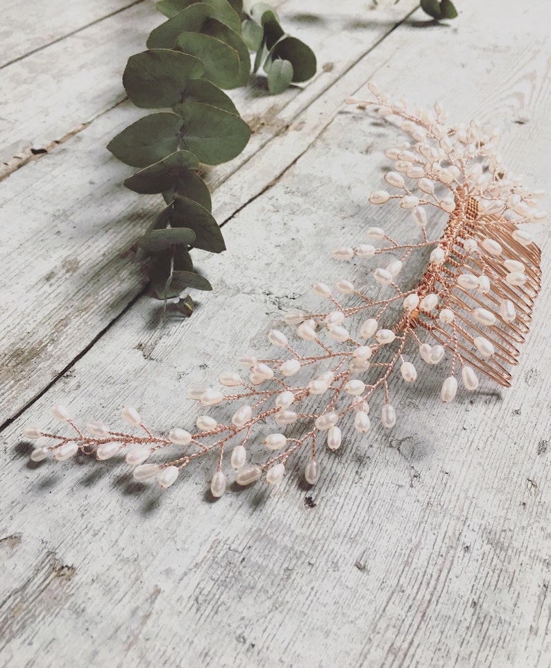 Bridal headpiece, bridal hair comb, bridal hair vine, bridal hair accessories, simple pearl comb, pearl hair piece, hair up, updo, bride image 9