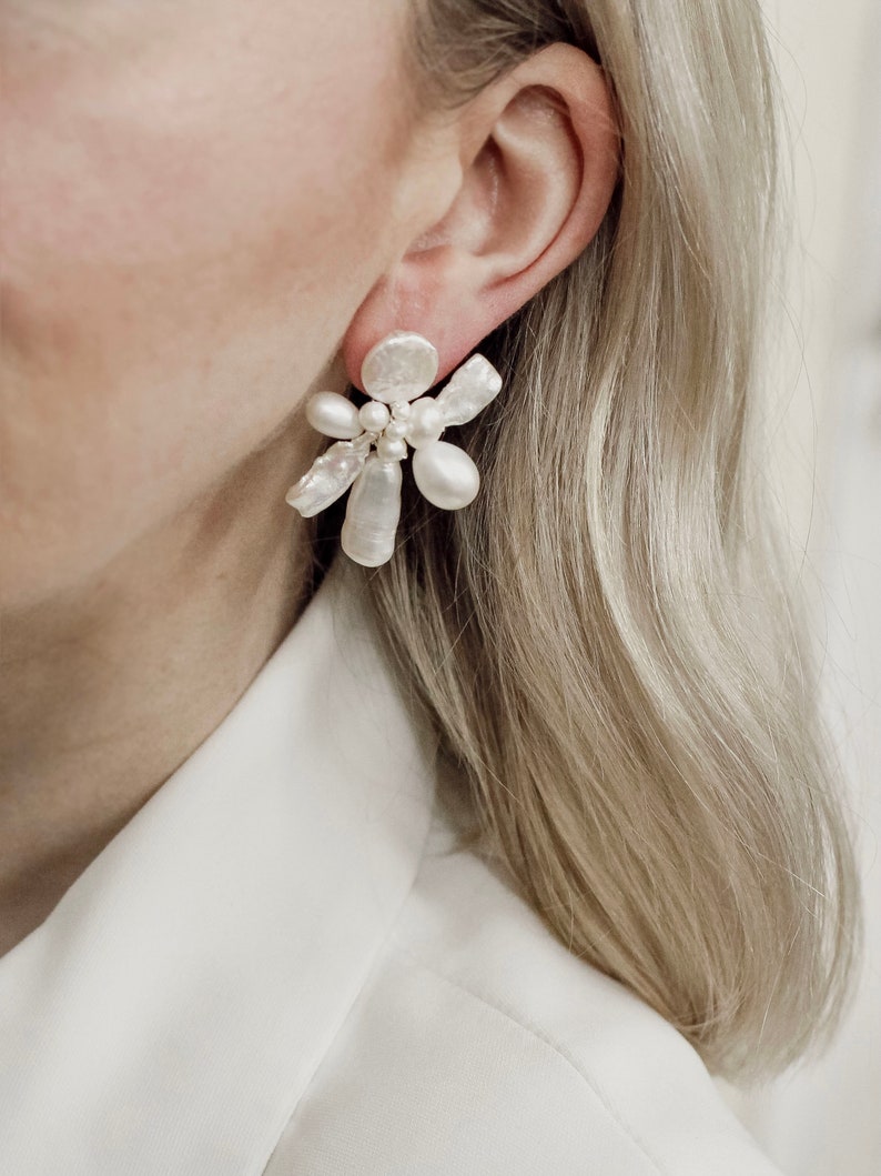 GROVE // Bridal earrings// dainty pearl studs, handmade simple pearl stud earrings, boho bridal jewelry image 1