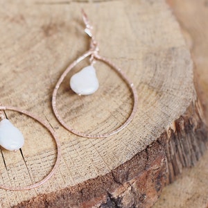 Rose gold bridal earrings, boho earrings, rose gold hoop earrings, big hoops, big earrings, hoop earrings, pearl earrings, boho jewelry image 3