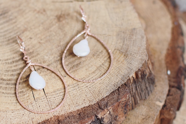 Rose gold bridal earrings, boho earrings, rose gold hoop earrings, big hoops, big earrings, hoop earrings, pearl earrings, boho jewelry image 3