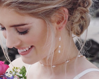 Rose gold earrings, bridal earrings, freshwater pearl jewellery, bridal jewelry matching set, simple drop earrings, bridal accessories