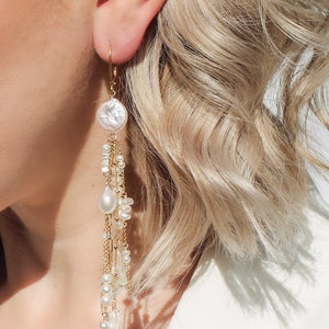 CLARENDON // Boho Luxury Bridal Earrings: Long Dangly Gold Chain & Mixed Freshwater Pearls, Stylish Wedding Jewelry image 4