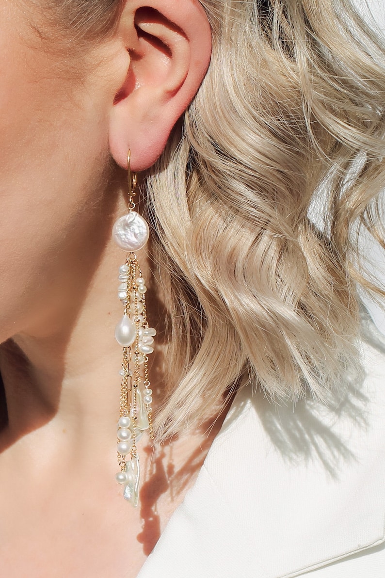 CLARENDON // Boho Luxury Bridal Earrings: Long Dangly Gold Chain & Mixed Freshwater Pearls, Stylish Wedding Jewelry image 4