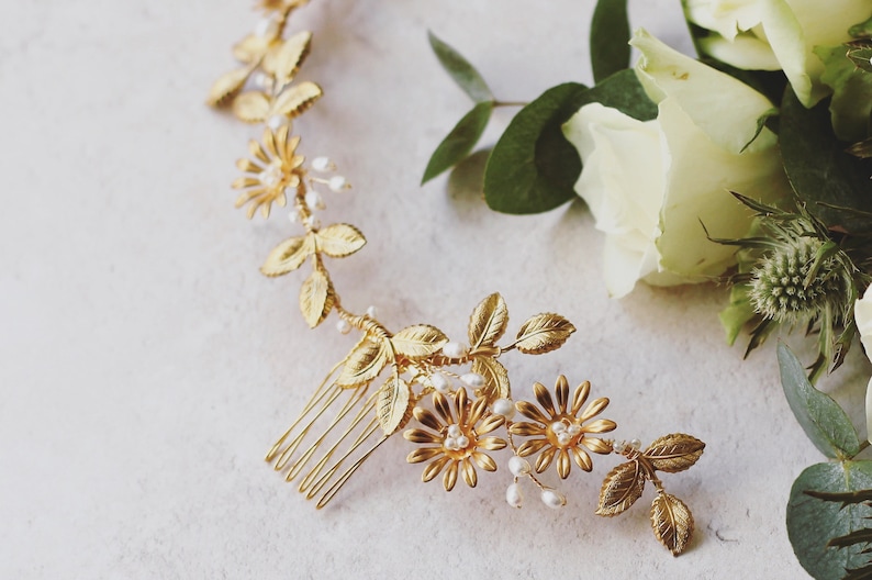 gold leaves bridal flower crown pearl hair vine Gold bridal leaf hair vine boho bridal headpiece gold leaf hair piece gold bridal halo