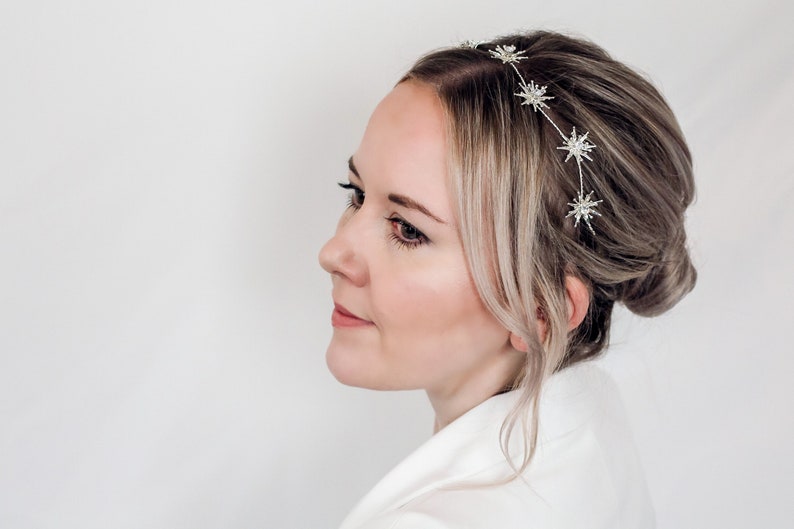 SKYLINE // Bridal Hair Vine // Celestial headpiece, starburst hair piece, silver stars, gold stars, sparkly star headband image 1