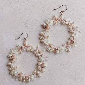 Floral wreath bridal earrings, statement bridal earrings, boho wedding earrings, modern boho accessories, pearl vine earrings, large hoop image 8