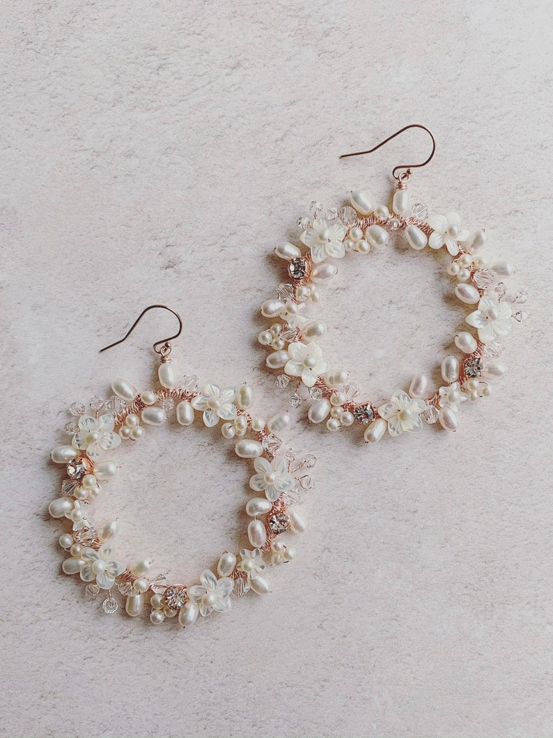Floral wreath bridal earrings, statement bridal earrings, boho wedding earrings, modern boho accessories, pearl vine earrings, large hoop image 8