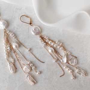 CLARENDON // Boho Luxury Bridal Earrings: Long Dangly Gold Chain & Mixed Freshwater Pearls, Stylish Wedding Jewelry image 3