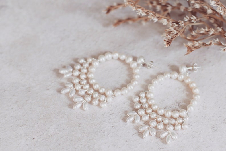 Boho bridal earrings, boho pearl wedding earrings, statement earrings, big pearl earrings, chandelier earrings, unique pearl hoop earrings image 5