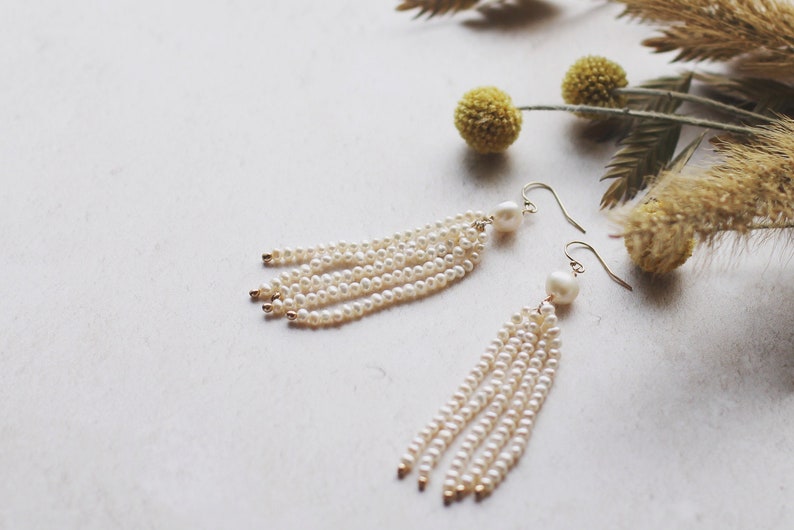 Pearl tassel bridal earrings, boho tassel earrings, seed pearl earrings, boho wedding earrings, gold tassel earrings, boho bridal earrings image 3