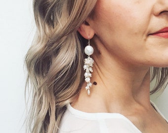 Cascading pearl earrings, natural pearl earrings, boho bridal earrings, boho wedding earrings, chandelier bridal earrings, long earrings