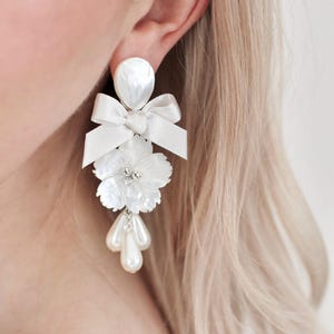 Flower and Bow Pearl Bridal Earrings - Handmade Statement Wedding Jewelry
