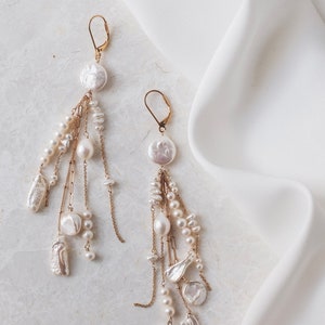 CLARENDON // Boho Luxury Bridal Earrings: Long Dangly Gold Chain & Mixed Freshwater Pearls, Stylish Wedding Jewelry image 5