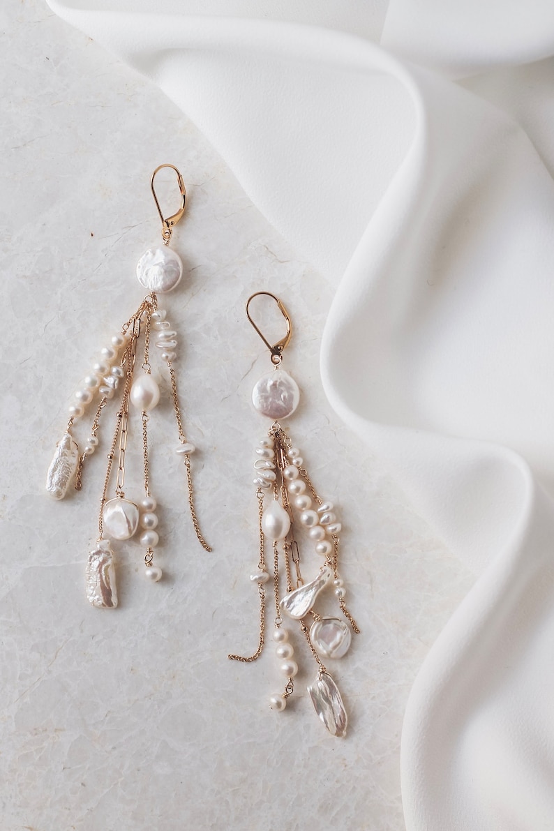 CLARENDON // Boho Luxury Bridal Earrings: Long Dangly Gold Chain & Mixed Freshwater Pearls, Stylish Wedding Jewelry image 5