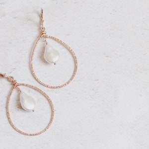 Rose gold bridal earrings, boho earrings, rose gold hoop earrings, big hoops, big earrings, hoop earrings, pearl earrings, boho jewelry image 1